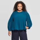 Women's Plus Size Ruffle Long Sleeve Round Neck Blouse - A New Day Blue X, Women's, Blue Black