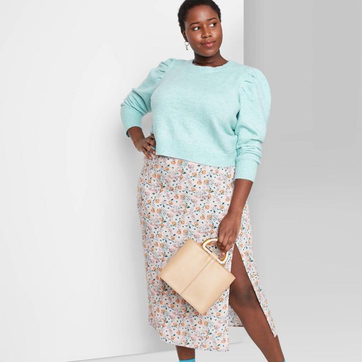 Women's Plus Size Puff Sleeve Crewneck Pullover Sweater - Wild Fable Blue