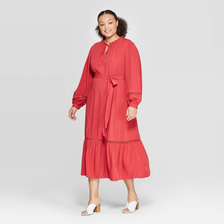 Women's Plus Size V-neck Full Sleeve Trim Maxi Dress - Who What Wear Cardinal Red