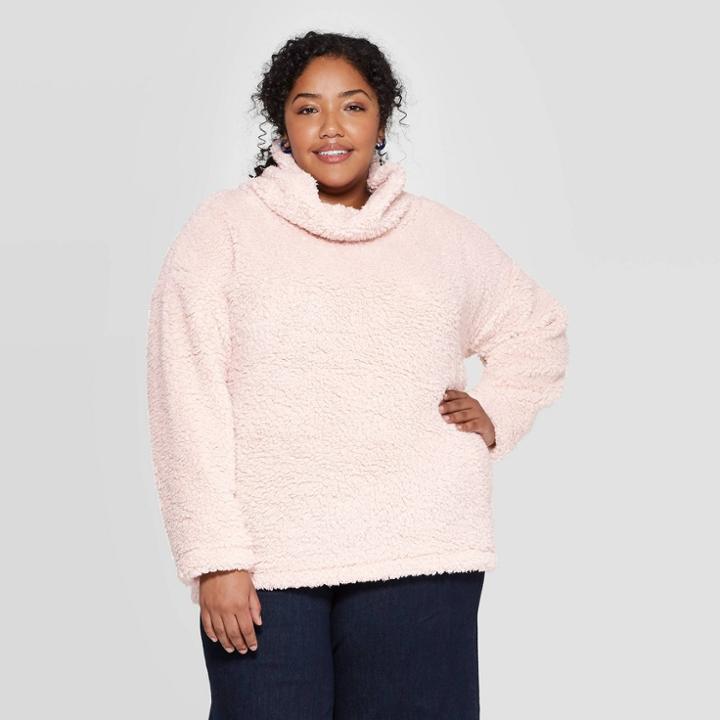 Women's Plus Size Long Sleeve Turtleneck Sherpa Pullover - A New Day Light Pink