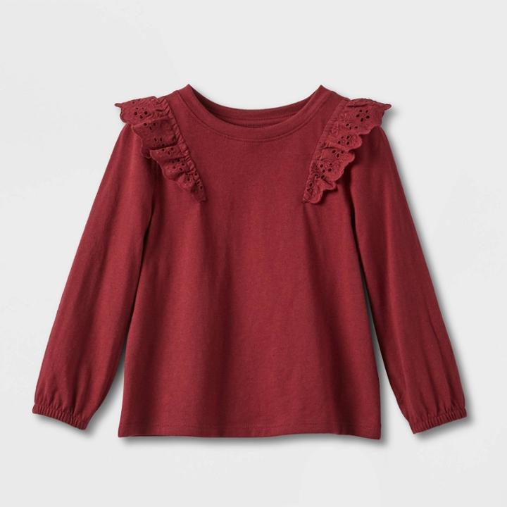 Toddler Girls' Knit Long Sleeve Eyelet Top - Cat & Jack Burgundy