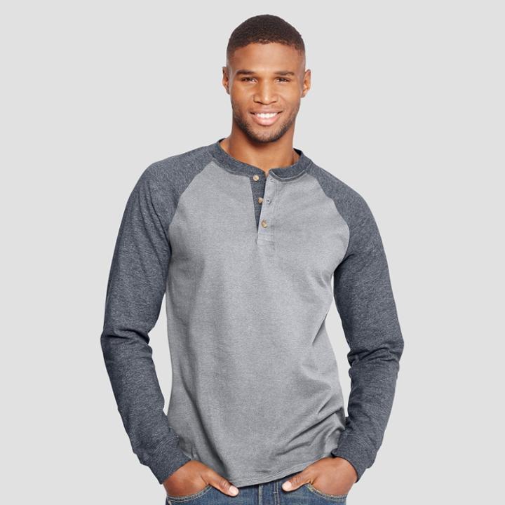 Hanes Men's Big & Tall Long Sleeve Raglan Beefy Henley Shirt - Gray