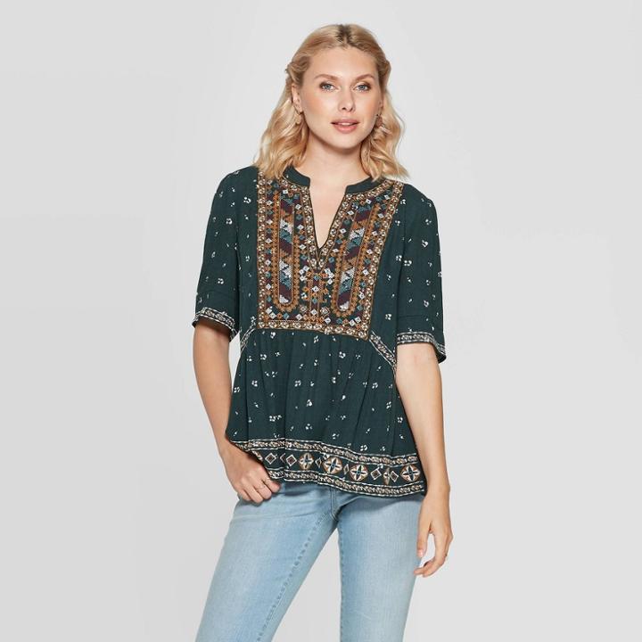 Women's Printed Elbow Sleeve V-neck Blouse With Embroidery - Knox Rose Green