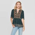 Women's Printed Elbow Sleeve V-neck Blouse With Embroidery - Knox Rose Green