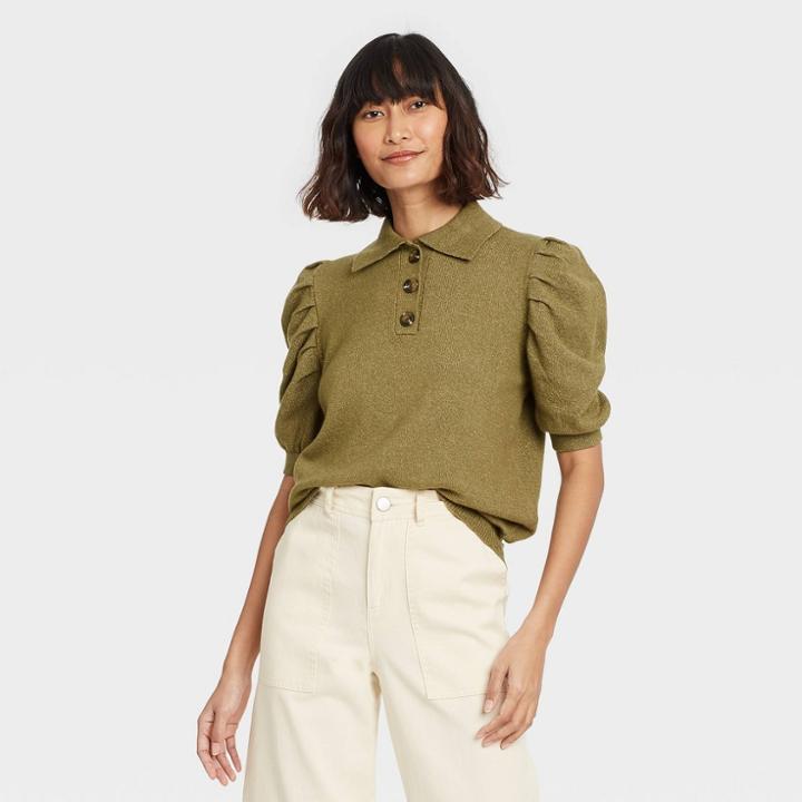 Women's Puff Elbow Sleeve Crewneck Pullover Sweater - Who What Wear Green