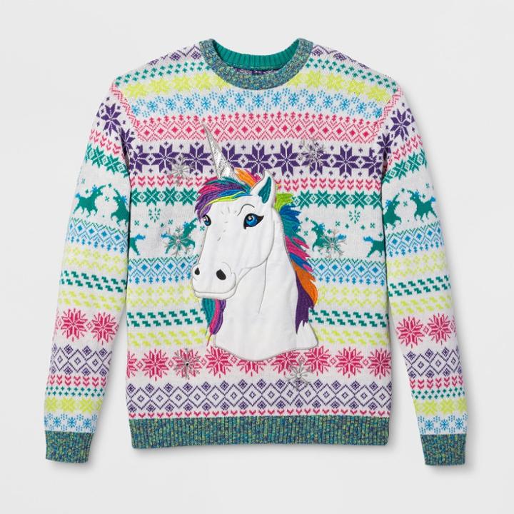 33 Degrees Men's Ugly Holiday Rainbow Unicorn Long Sleeve Pullover Sweater - Ivory