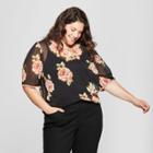 Women's Plus Size Floral Print Short Sleeve Woven T-shirt - A New Day Black