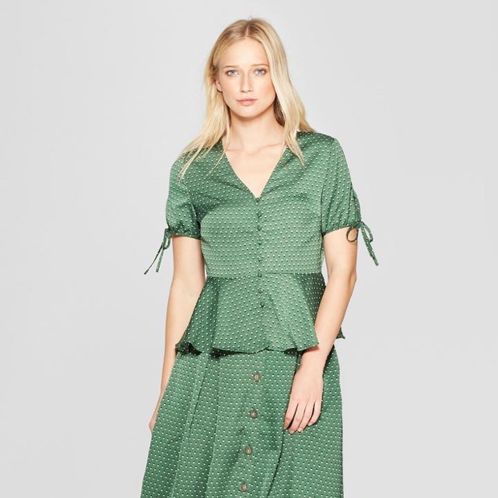 Women's Polka Dot Short Tie Sleeve Button Detail Peplum Top - Who What Wear Green