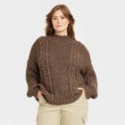 Women's Plus Size Turtleneck Cable Knit Pullover Sweater - Universal Thread Brown