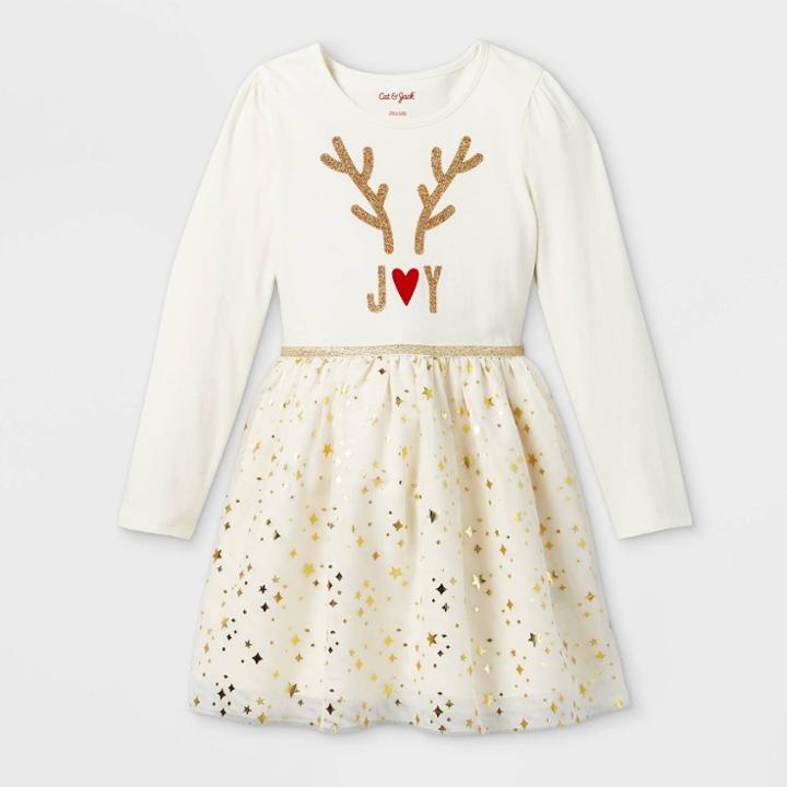 Girls' Christmas Reindeer Long Sleeve Dress - Cat & Jack Cream