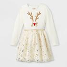 Girls' Christmas Reindeer Long Sleeve Dress - Cat & Jack Cream