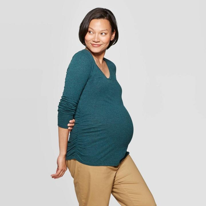 Maternity Long Sleeve Scoop Neck Shirred T-shirt - Isabel Maternity By Ingrid & Isabel Green Marker Heather M, Women's,