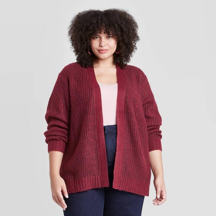 Women's Plus Size Open Neck Textured Cardigan - Ava & Viv Red X