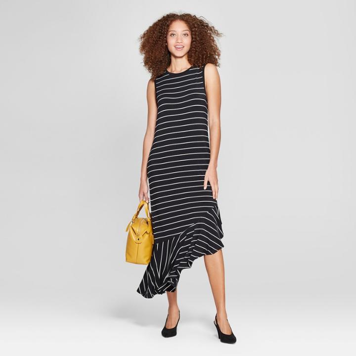 Women's Asymmetrical Striped Knit Dress - A New Day Black/white