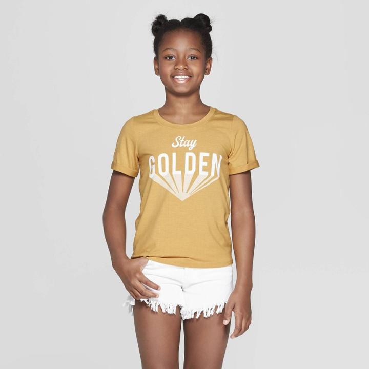 Girls' Rolled Short Sleeve Graphic T-shirt - Art Class Gold