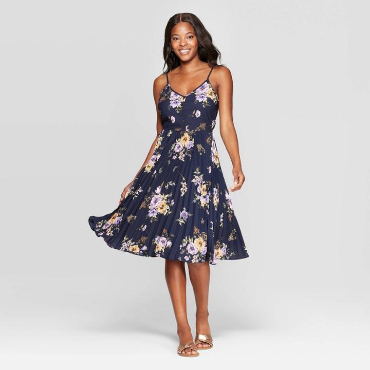 Women's Floral Print Sleeveless Scoop Neck Button Front Pleated Midi Dress - Xhilaration Navy