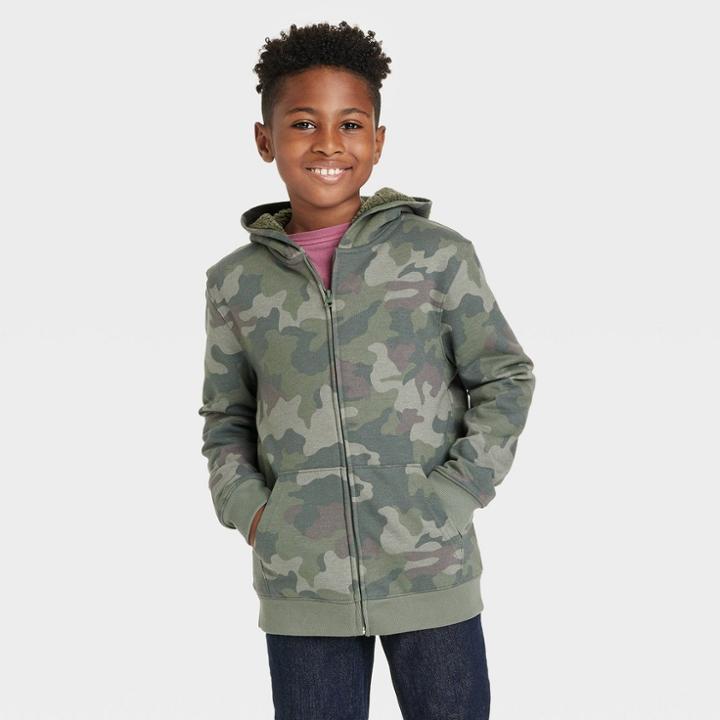 Boys' Faux Shearling Lined Zip-up French Terry Hoodie - Cat & Jack Camo Green
