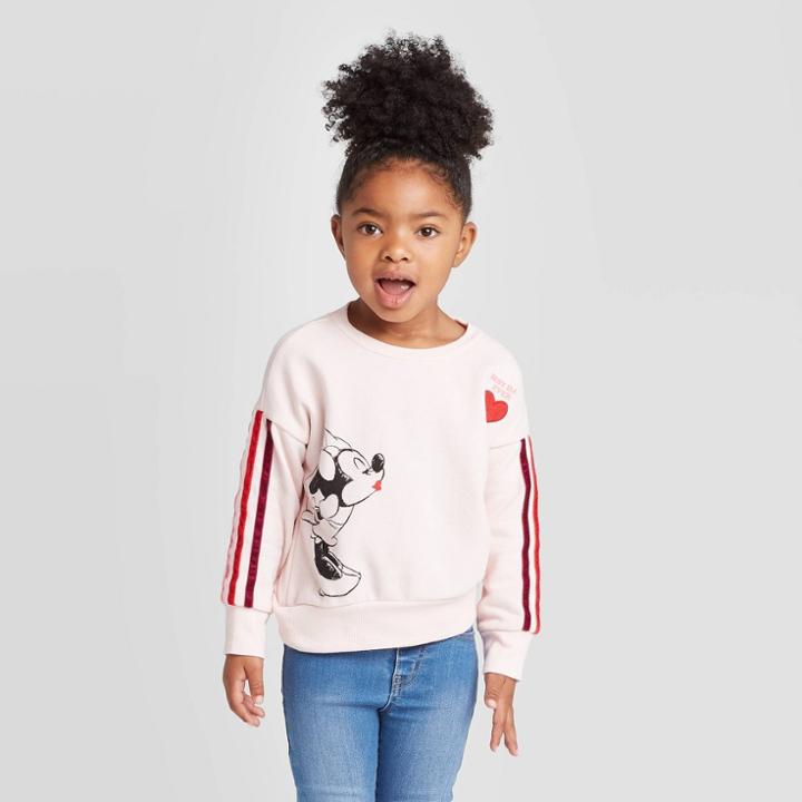 Toddler Girls' Disney Minnie Kiss Striped Crew Sweatshirt - Light Pink