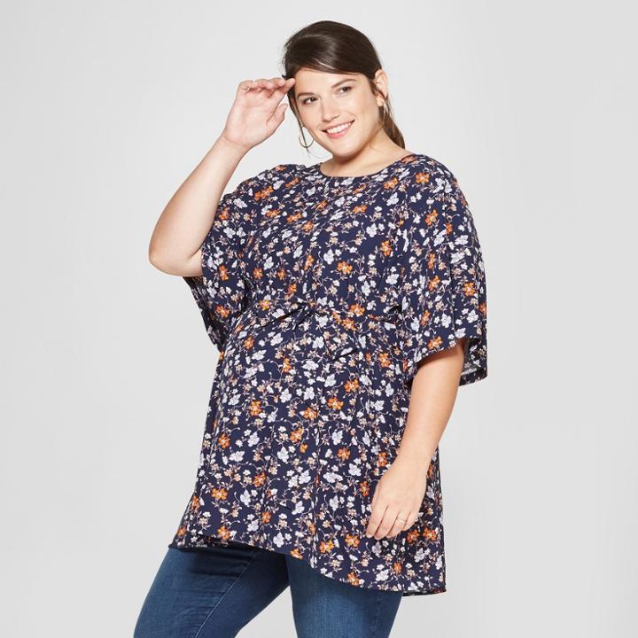 Maternity Plus Size Floral Print Woven Tie Waist Blouse - Isabel Maternity By Ingrid & Isabel Navy 1x, Infant Girl's, Blue