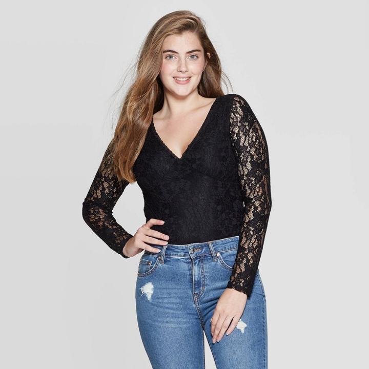 Women's Long Sleeve V-neck Lace Bodysuit - Xhilaration Black