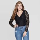 Women's Long Sleeve V-neck Lace Bodysuit - Xhilaration Black