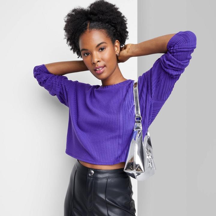 Women's Long Sleeve Boxy Cropped T-shirt - Wild Fable Grape Purple