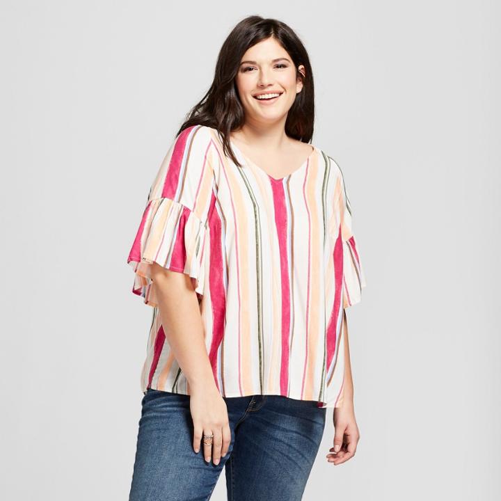 Women's Plus Size Ruffle Sleeve Top - Ava & Viv Pink