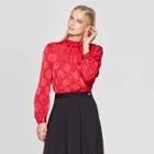 Women's Long Sleeve Mock Turtleneck Pleated Button Blouse - Who What Wear Red