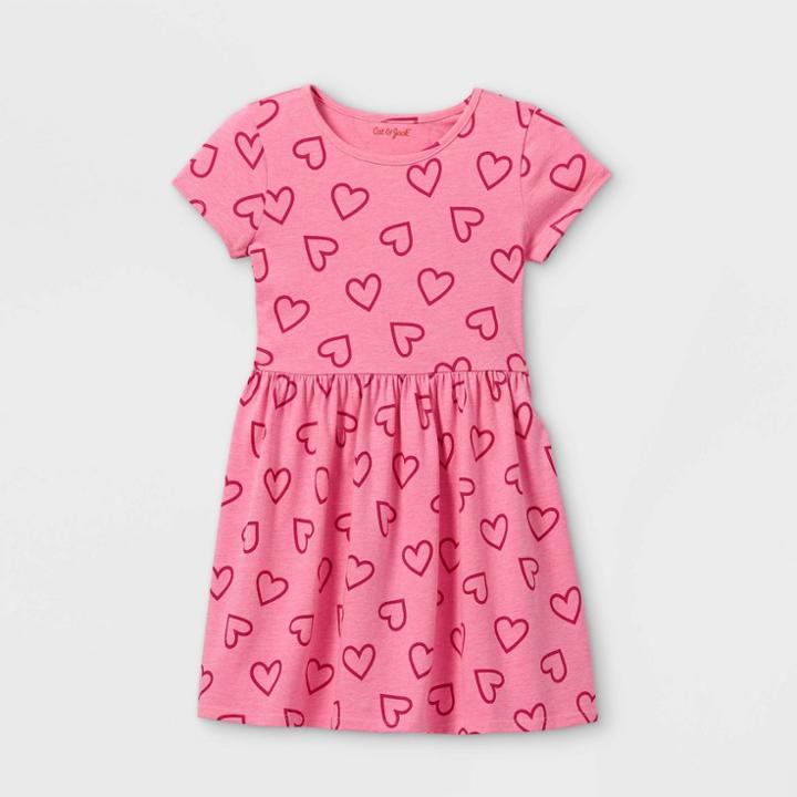 Girls' Heart Print Knit Short Sleeve Dress - Cat & Jack Neon Pink