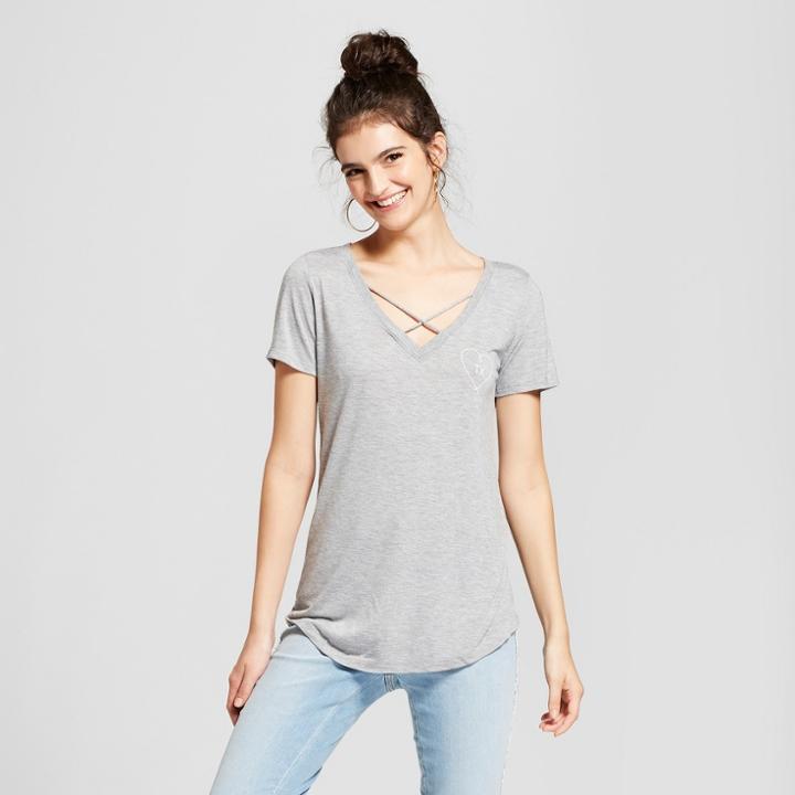 Women's Texas Heart Short Sleeve Cross Front Drapey Graphic T-shirt - Awake Gray