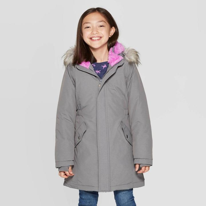 Girls' Faux Fur Hooded Parka Jacket - Cat & Jack Gray