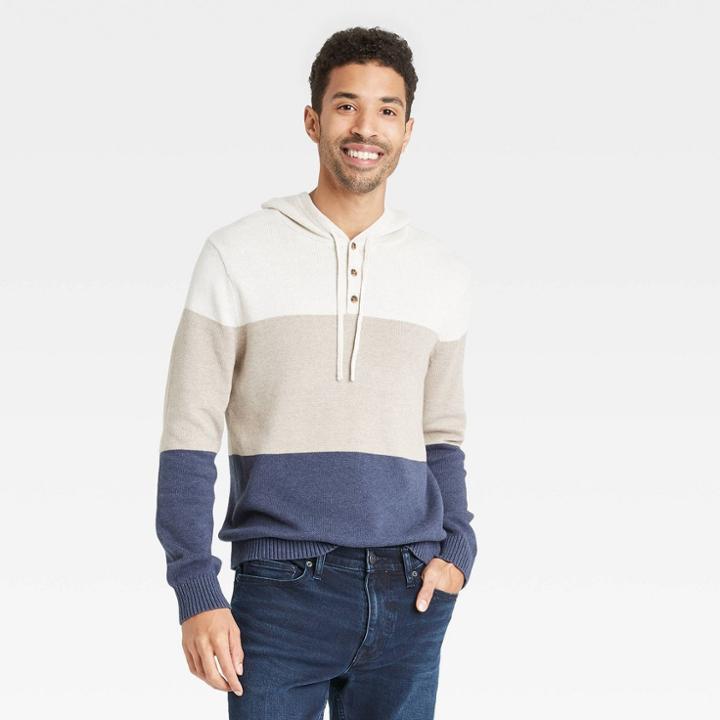 Men's Standard Fit Colorblock Striped Pullover Hoodie Sweater - Goodfellow & Co Off White
