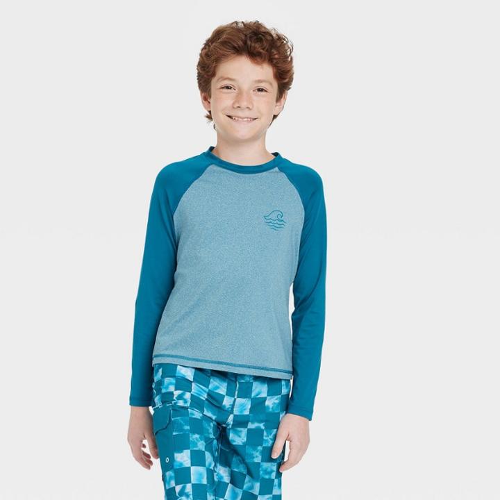 Boys' Wave Long Sleeve Rash Guard Swim Shirt - Art Class Dark Blue