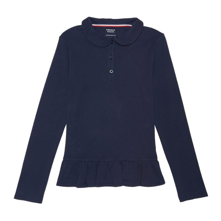French Toast Girls' Knit Long Sleeve Peplum Uniform Polo Shirt - Navy (blue)