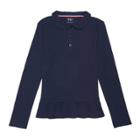 French Toast Girls' Knit Long Sleeve Peplum Uniform Polo Shirt - Navy (blue)