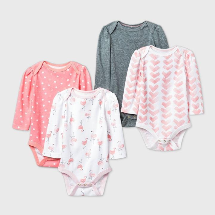 Baby Girls' 4pk Flamingo Parade Long Sleeve Bodysuit - Cloud Island Pink/white/gray