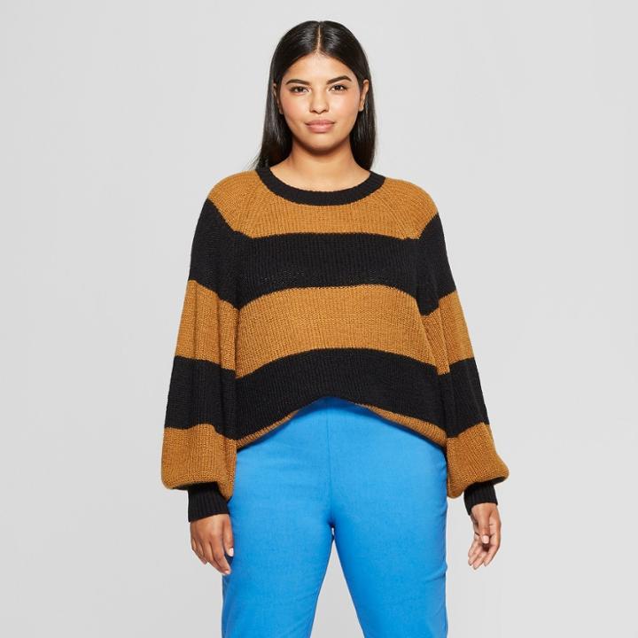 Women's Plus Size Striped Long Sleeve Cozy Crew Neck Sweater - Who What Wear Black/brown 2x, Black/brown