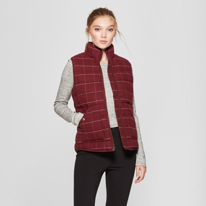 Women's Plaid Puffer Vest - A New Day Burgundy