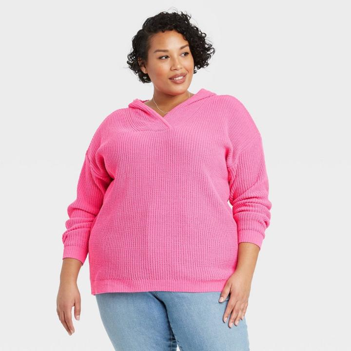 Women's Plus Size V-neck Pullover Sweater - Ava & Viv Pink