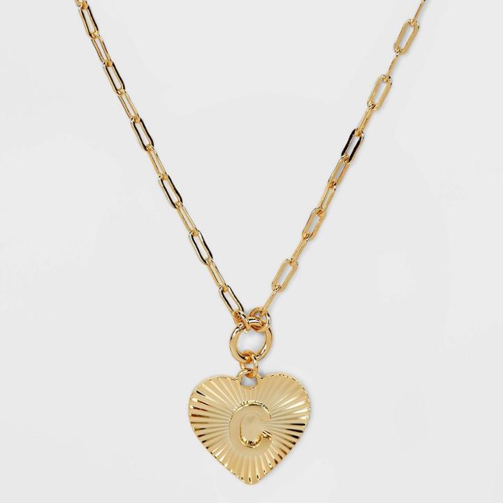 14k Gold Dipped 'c' Initial Diamond Cut Heart Pendant Necklace - A New Day Gold