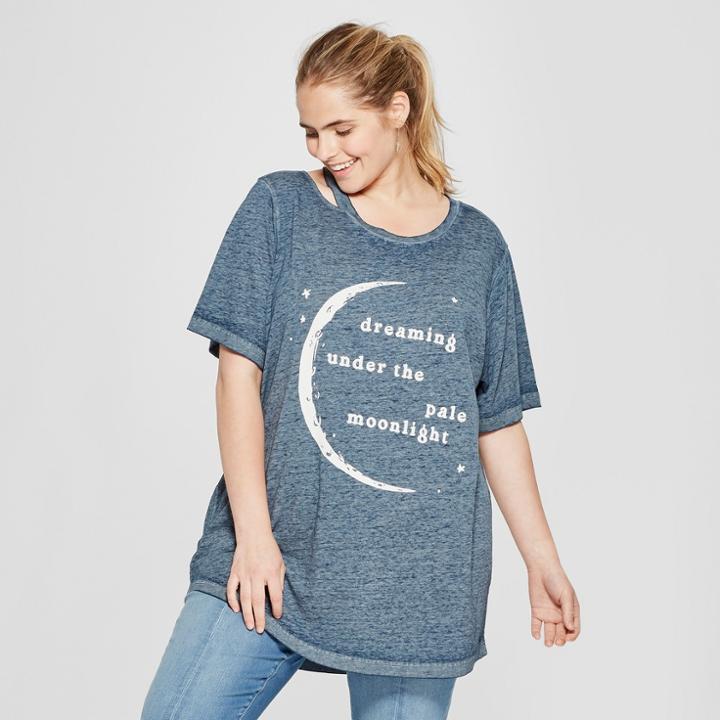 Women's Plus Size Short Sleeve Dreaming Pale Moonlight Graphic T-shirt - Mighty Fine (juniors') Navy