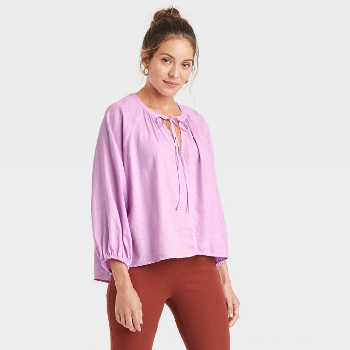 Women's Raglan Long Sleeve Tie-front Top - A New Day Purple