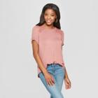 Women's Short Sleeve Button Back T-shirt With Back Lace 2/3 - Xhilaration Country Rose (pink)