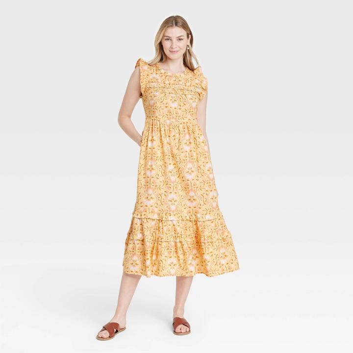 Women's Floral Print Ruffle Sleeveless Dress - Universal Thread Yellow