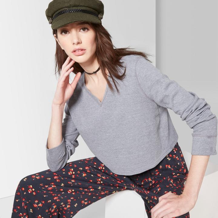 Women's Long Sleeve V-neck Waffle Boxy T-shirt - Wild Fable Heather Gray Xl, Heather Grey