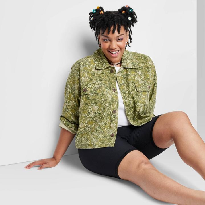 Women's Plus Size Cropped Canvas Surplus Shacket - Wild Fable Green Floral