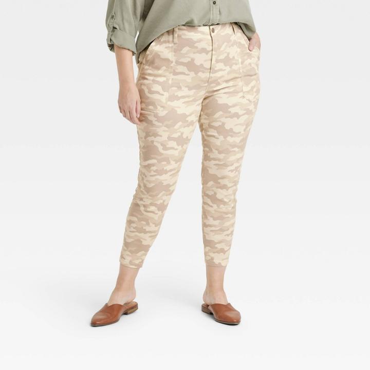 Women's Plus Size High-rise Skinny Utility Pants - Knox Rose Cream Camo 14w, Ivory Green