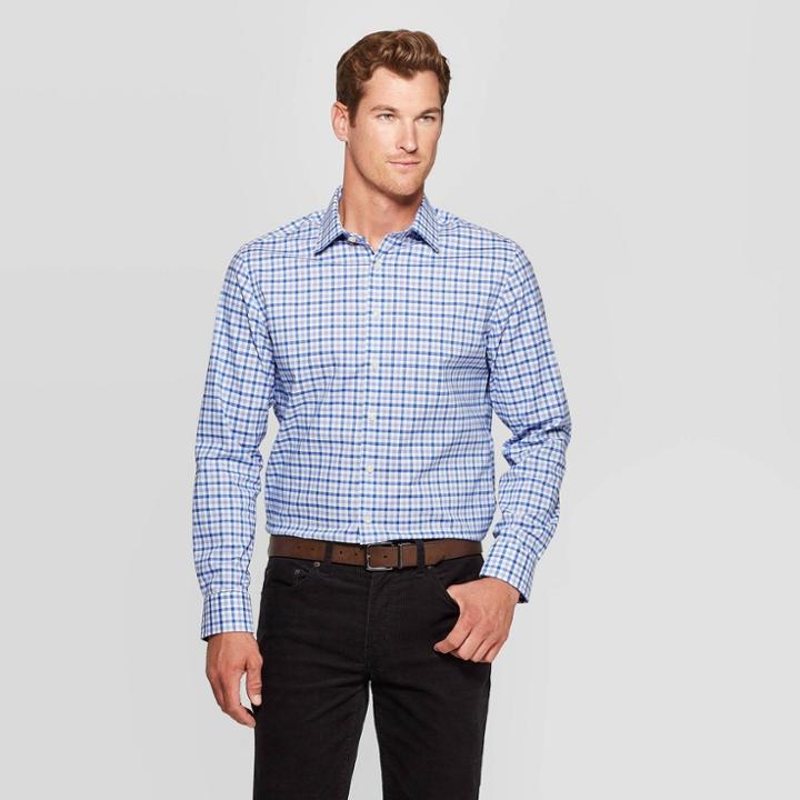 Men's Plaid Standard Fit Long Sleeve Dress Button-down Shirt - Goodfellow & Co Blue