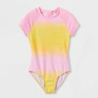 Girls' Tropical Ombre Short Sleeve Rash Guard One Piece Swimsuit - Cat & Jack M, Pink/white/yellow