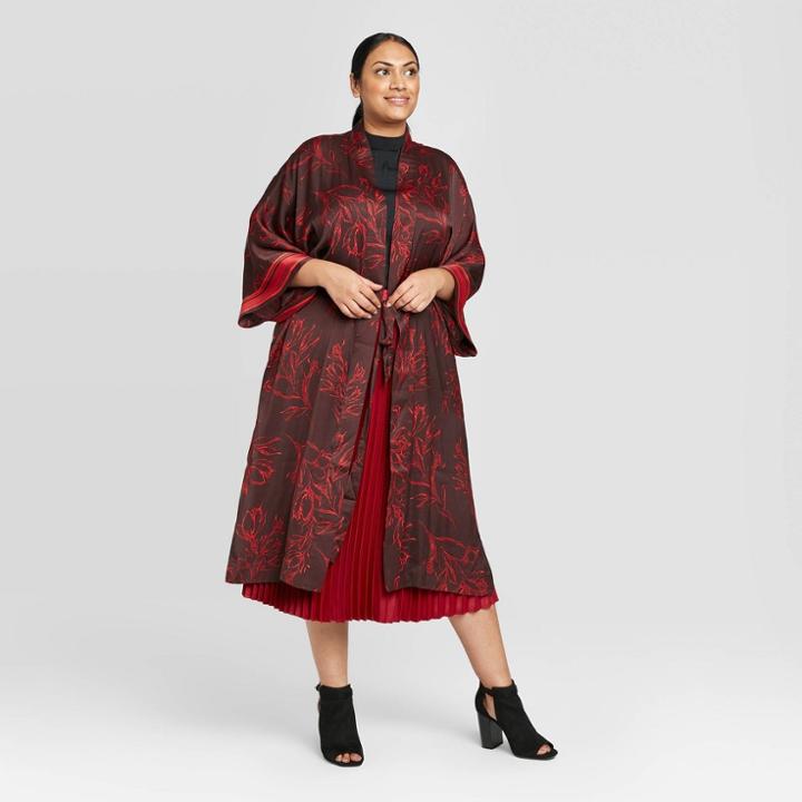 Women's Plus Size Floral Print Kimono - A New Day Burgundy One Size, Women's, Red